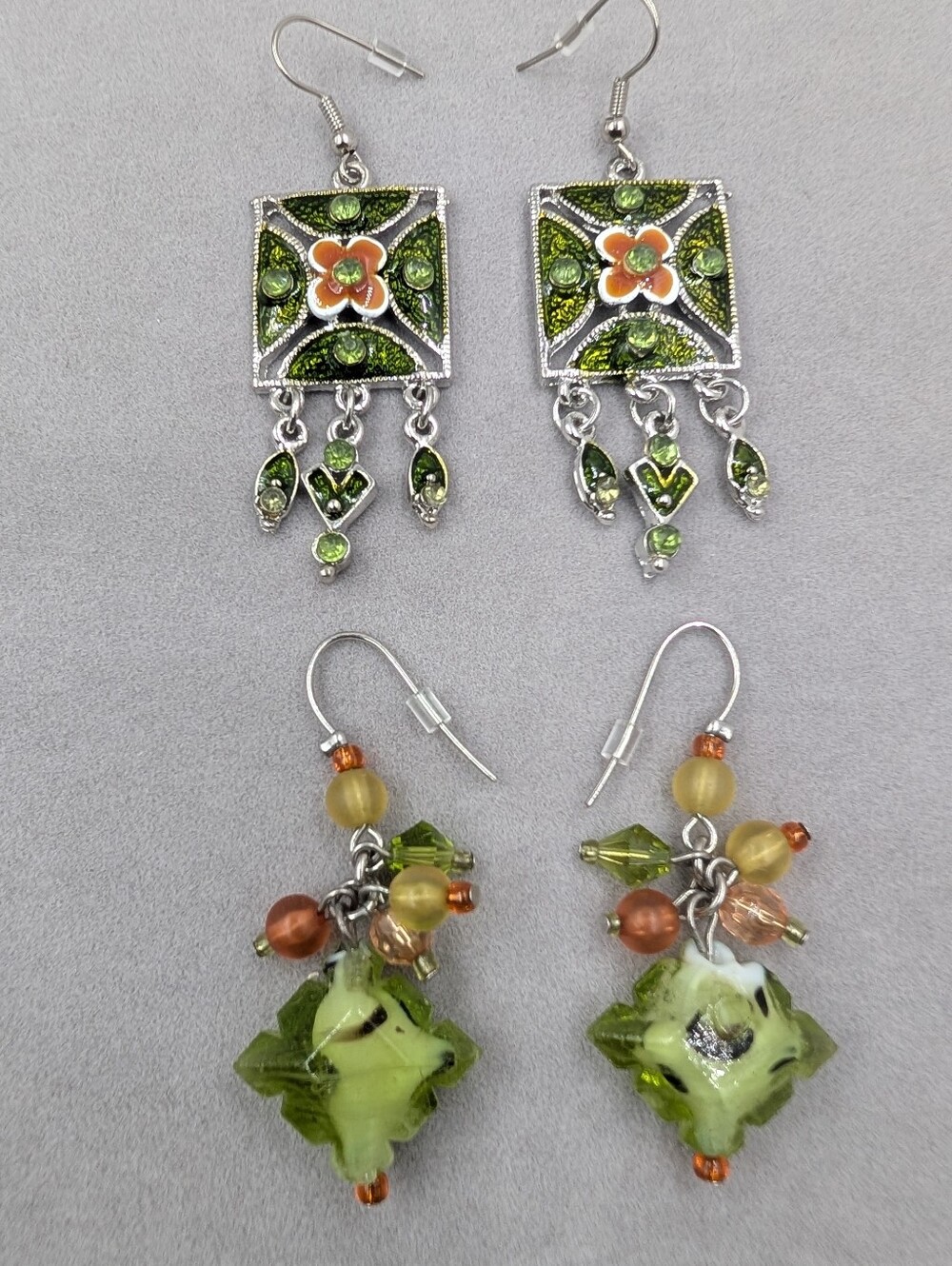 Green Orange Enamel Beaded Statement Earrings 2 Pair Lot | 0914